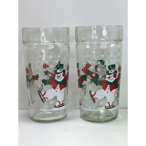 Snowman Glasses 2 Vintage Thick-Walled Drinking Tumblers Skating Snowmen - Picture 2 of 6
